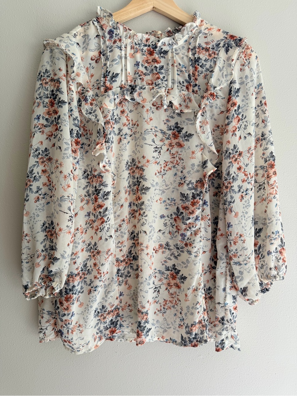 Floral Ruffle-Trim Women’s Blouse — Cream with Colorful Floral Pattern